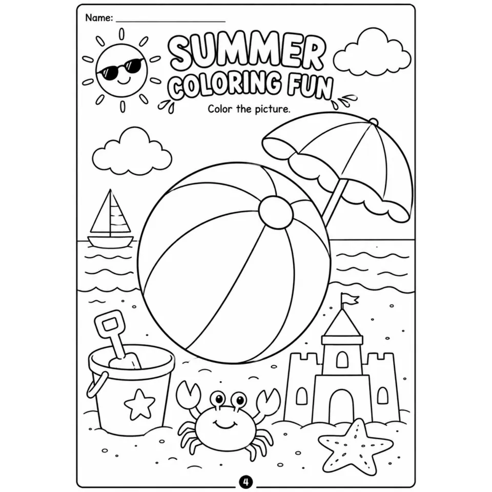 Summer Coloring Fun: students color a beach scene with a large beach ball, umbrella, sandcastle, crab, bucket and sailboat
