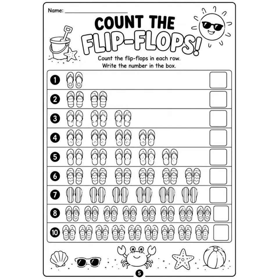 Count the Flip-Flops: students count the flip-flop pairs in each row and write the number, counting sets up to 10