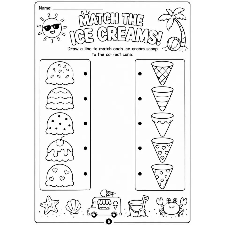 Match the Ice Creams: students draw lines to match each of 5 decorated ice cream scoops to the correct cone