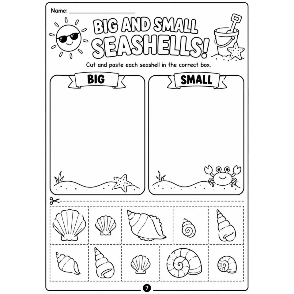 Big and Small Seashells: students cut out 10 seashell pictures and paste each under Big or Small to sort shells by size