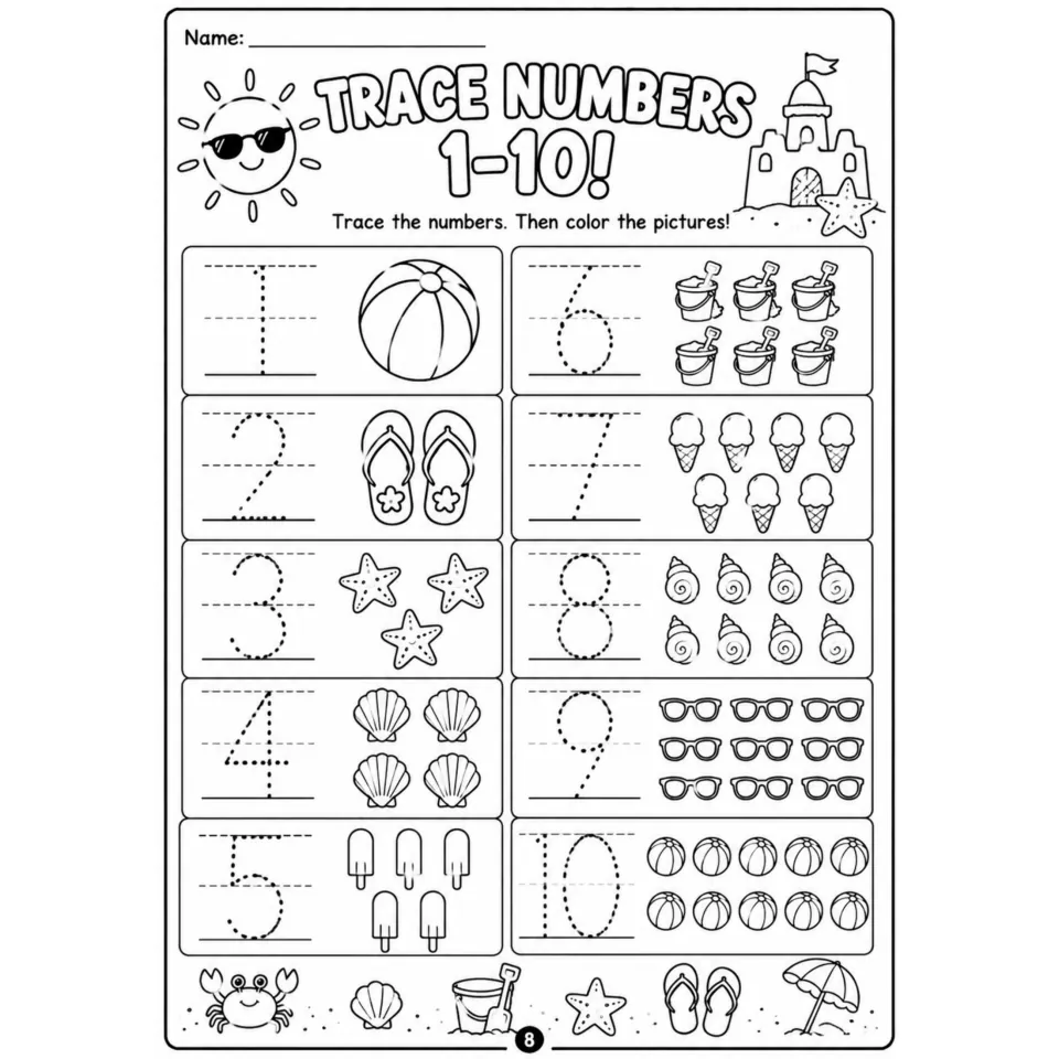 Trace Numbers 1-10: students trace each numeral and color the matching set of beach objects, from 1 beach ball to 10 balls