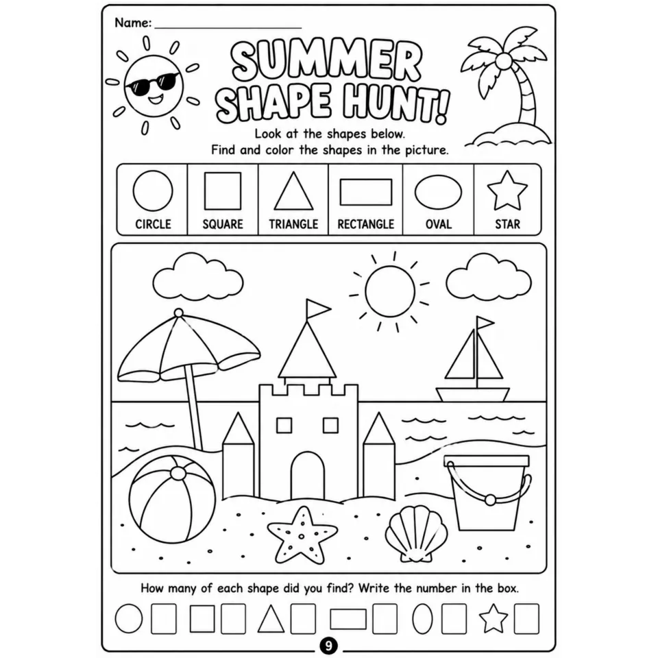 Summer Shape Hunt: students find and color circles, squares, triangles, rectangles, ovals and stars in a beach picture