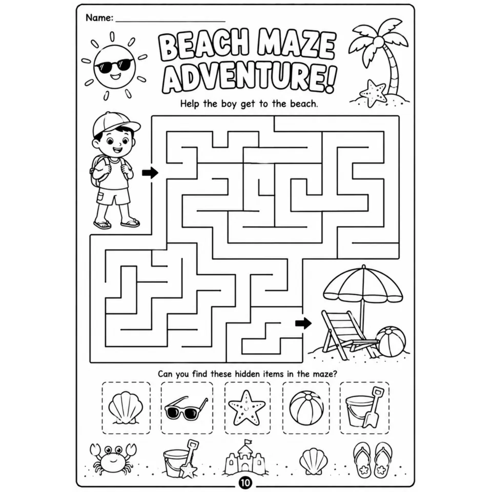 Beach Maze Adventure: students help a boy find his way through a maze to the beach and look for 5 hidden summer items