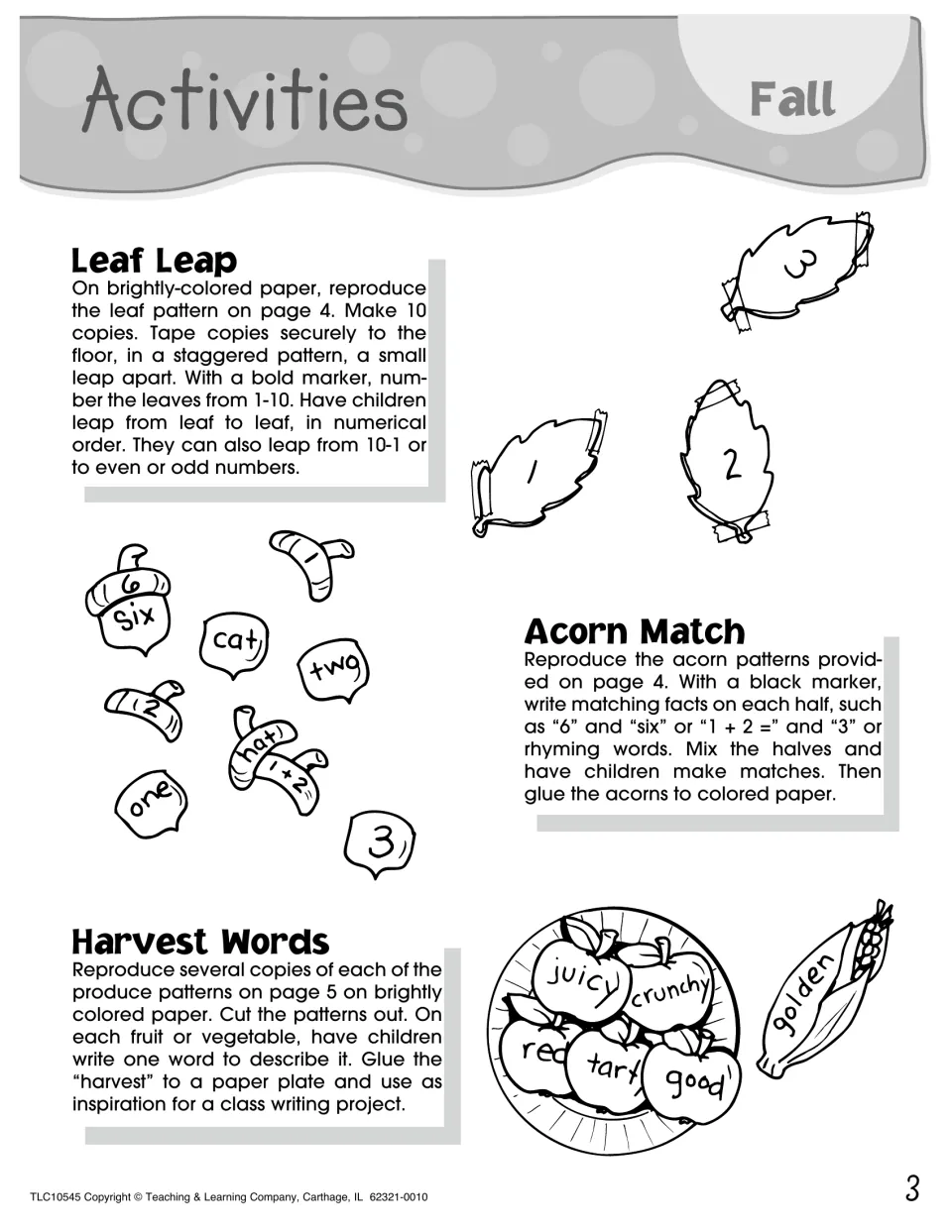 Fall number and word activities: Leaf Leap hopping on leaves 1-10, Acorn Match fact halves, Harvest Words describing produce