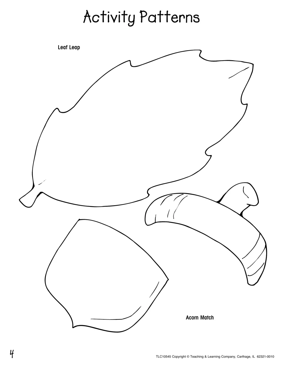 Leaf Leap and Acorn Match cut-out patterns: one large leaf outline plus an acorn split into separate cap and nut halves
