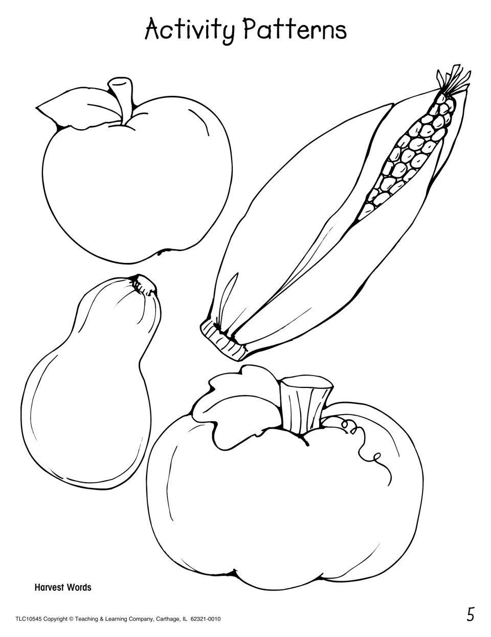 Harvest Words cut-out patterns: apple, Indian corn, gourd and pumpkin outlines for children to label with describing words