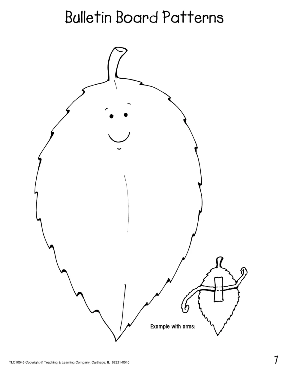 Bulletin board leaf pattern: large smiling leaf outline to copy for each child, with a small example showing taped-on arms