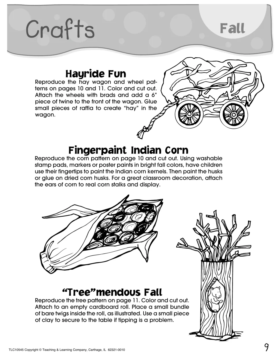 Fall crafts: Hayride Fun wagon with raffia hay, Fingerpaint Indian Corn kernels, and a twig tree on a cardboard roll