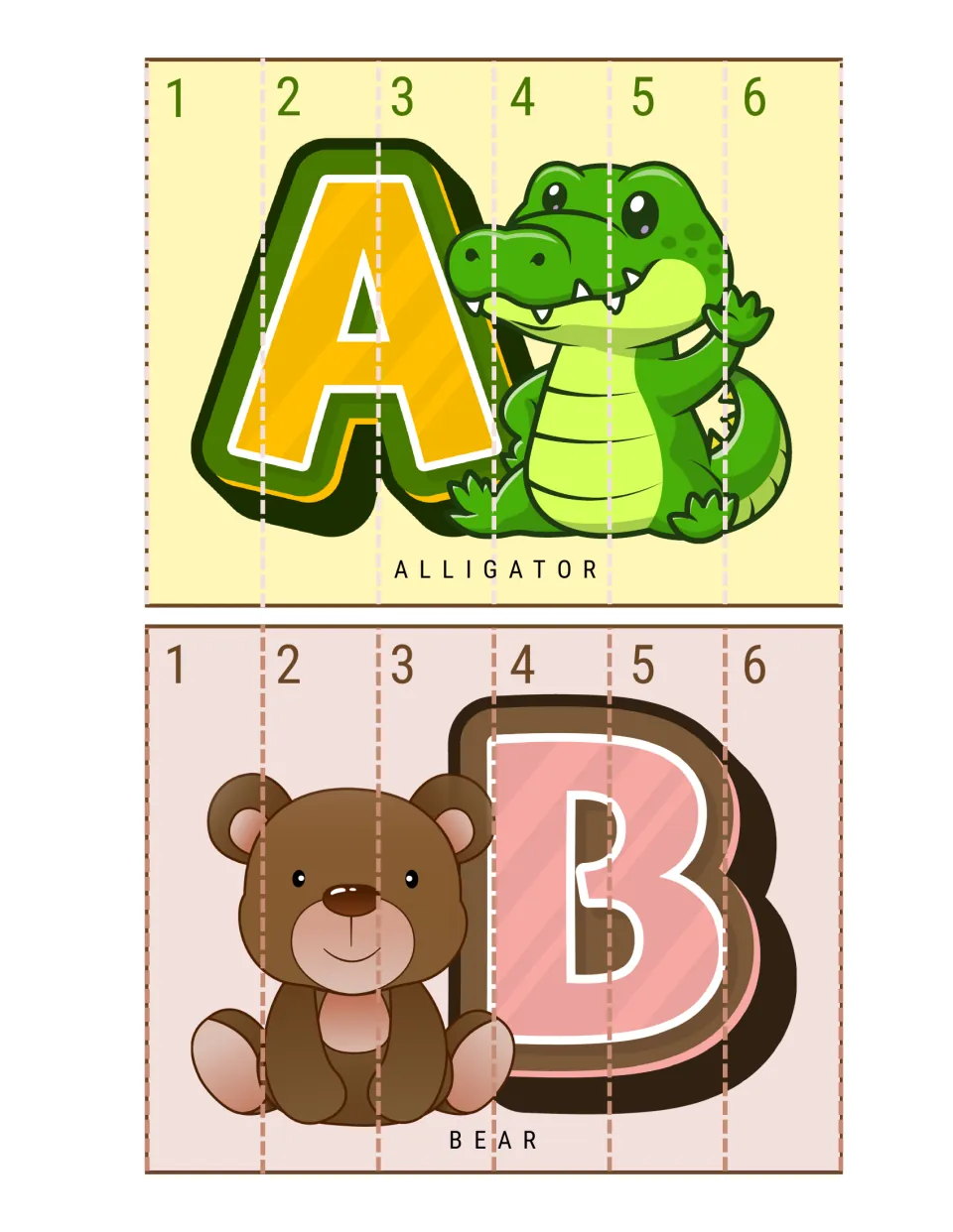 A for alligator and B for bear strip puzzles: students cut six numbered strips and order 1 to 6 to rebuild each picture