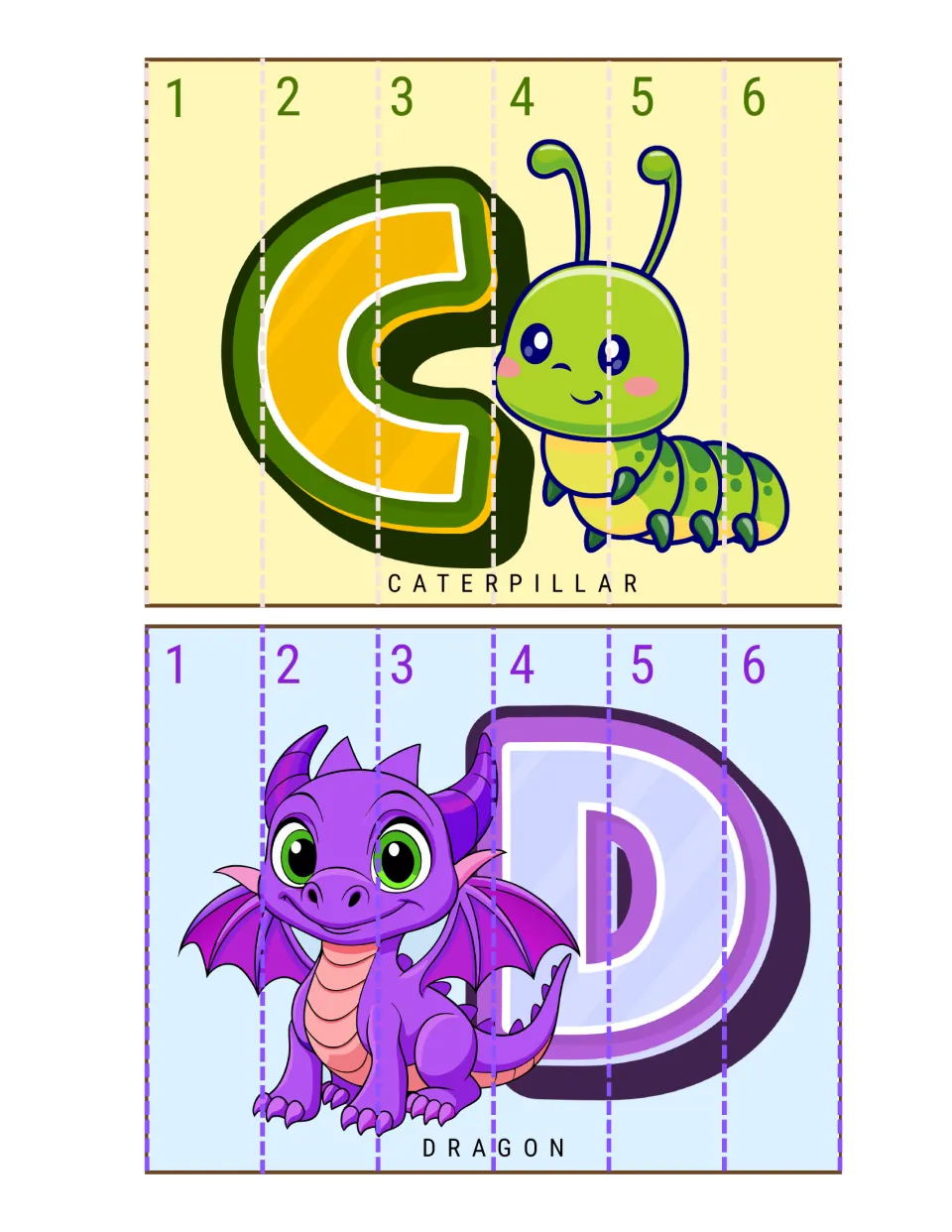 C for caterpillar and D for dragon strip puzzles: students cut apart strips numbered 1 to 6 and sequence them to rebuild
