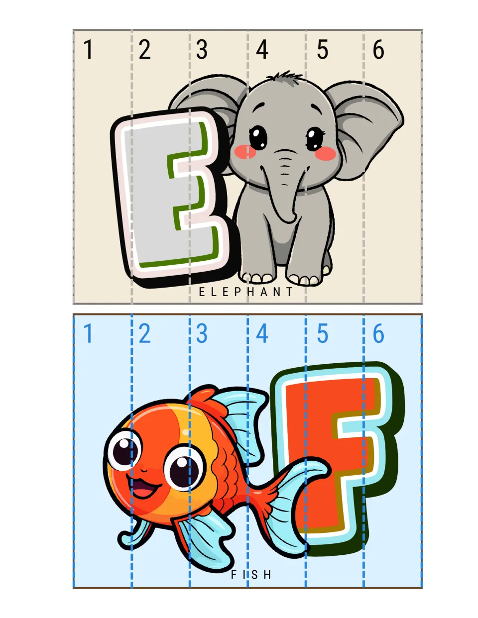 E for elephant and F for fish number-order puzzles: children cut six strips and line them up 1 to 6 to complete each image