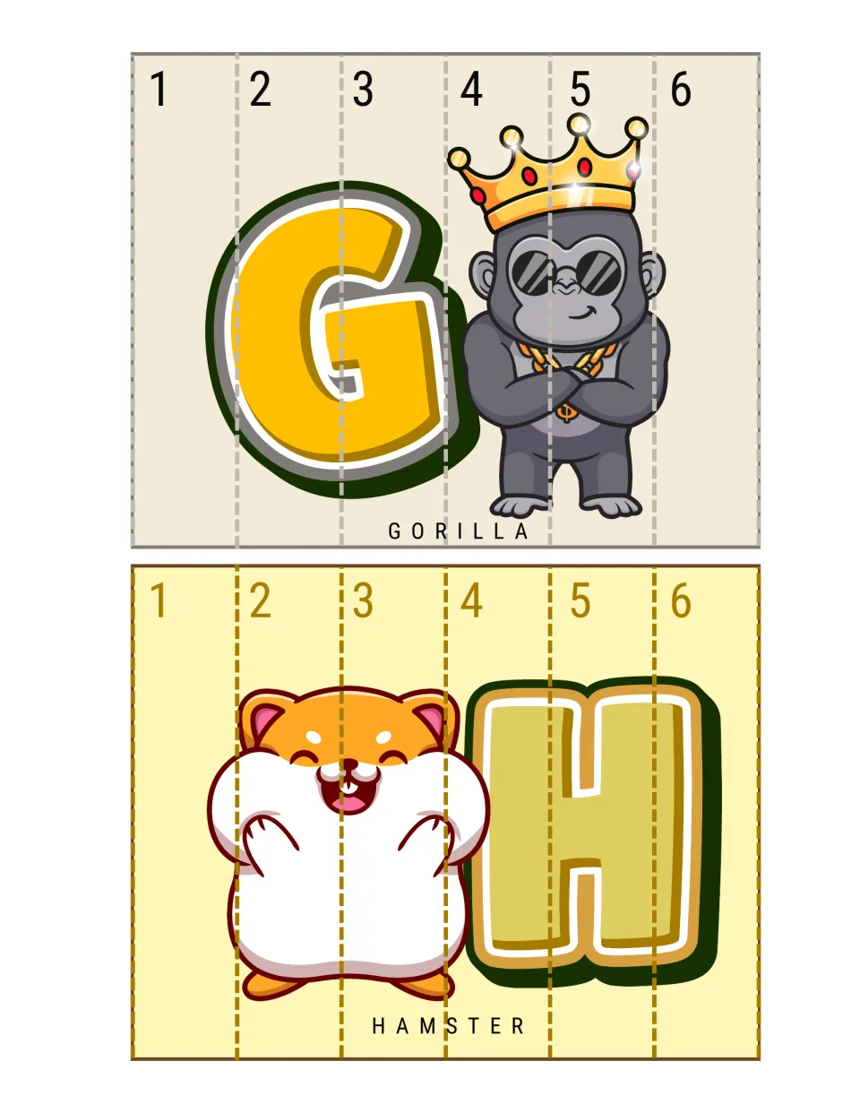 G for gorilla and H for hamster strip puzzles: learners cut numbered strips and place them in order 1 to 6 to rebuild it