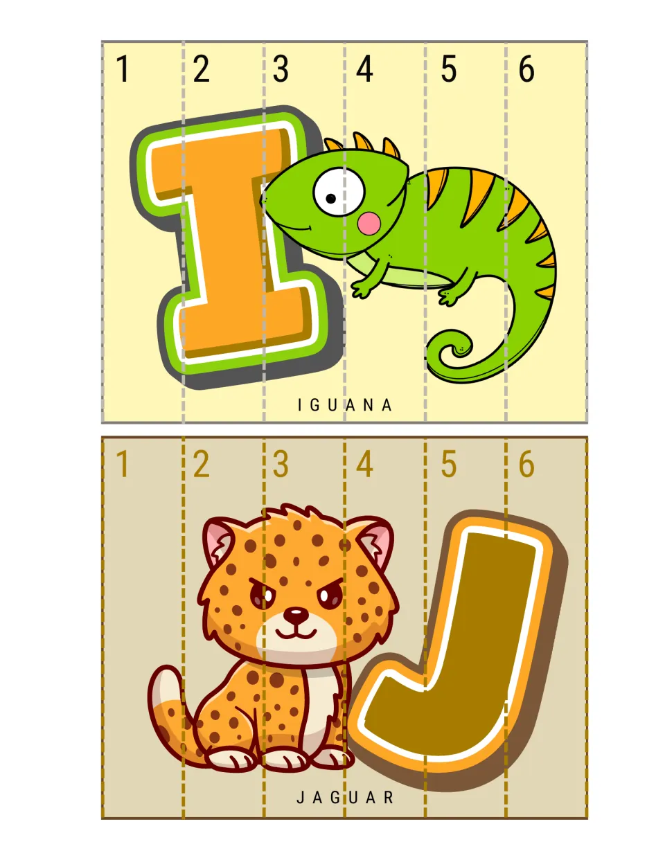 I for iguana and J for jaguar sequencing puzzles: students cut six strips and arrange them 1 to 6 to rebuild the pictures