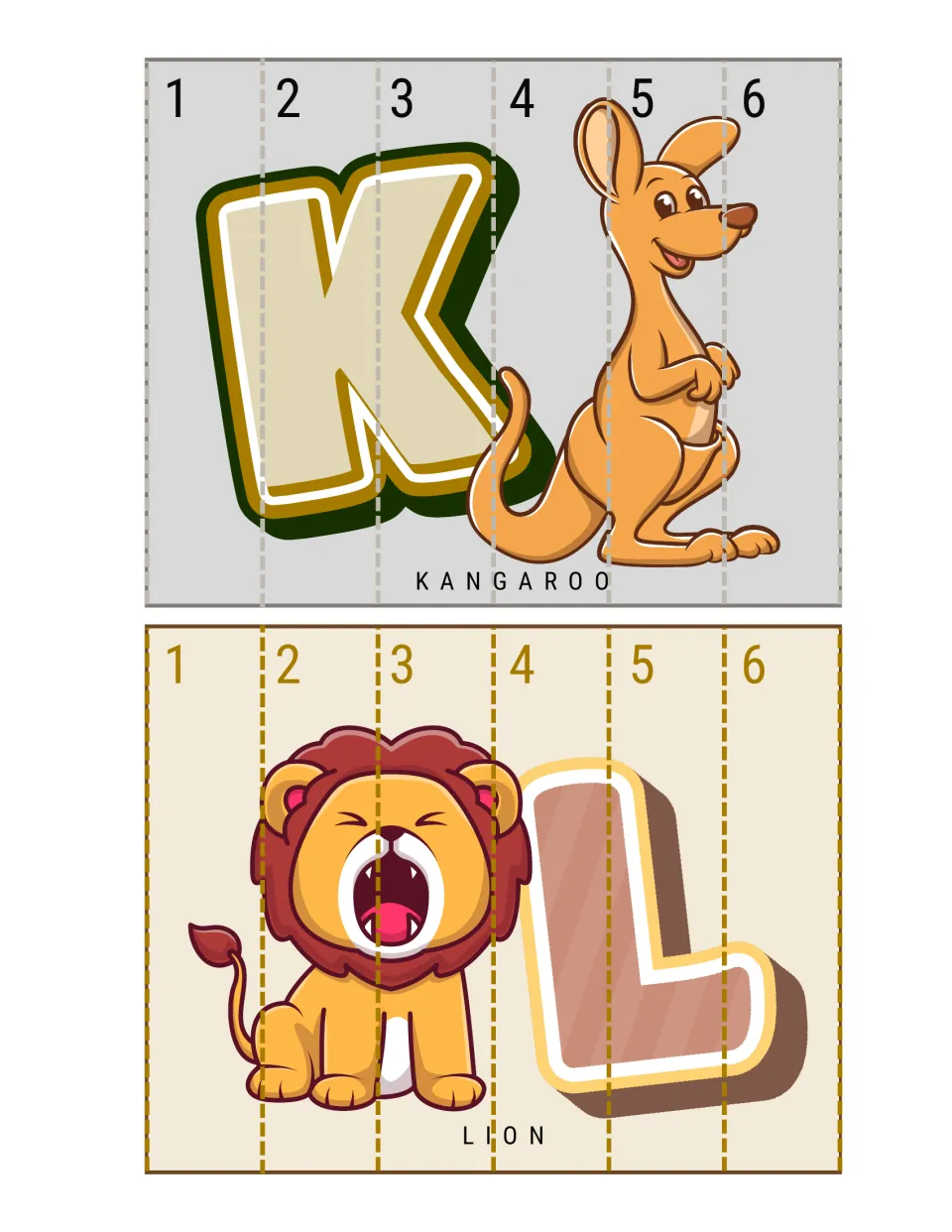 K for kangaroo and L for lion strip puzzles: children cut six strips and order them 1 to 6 to put each animal together