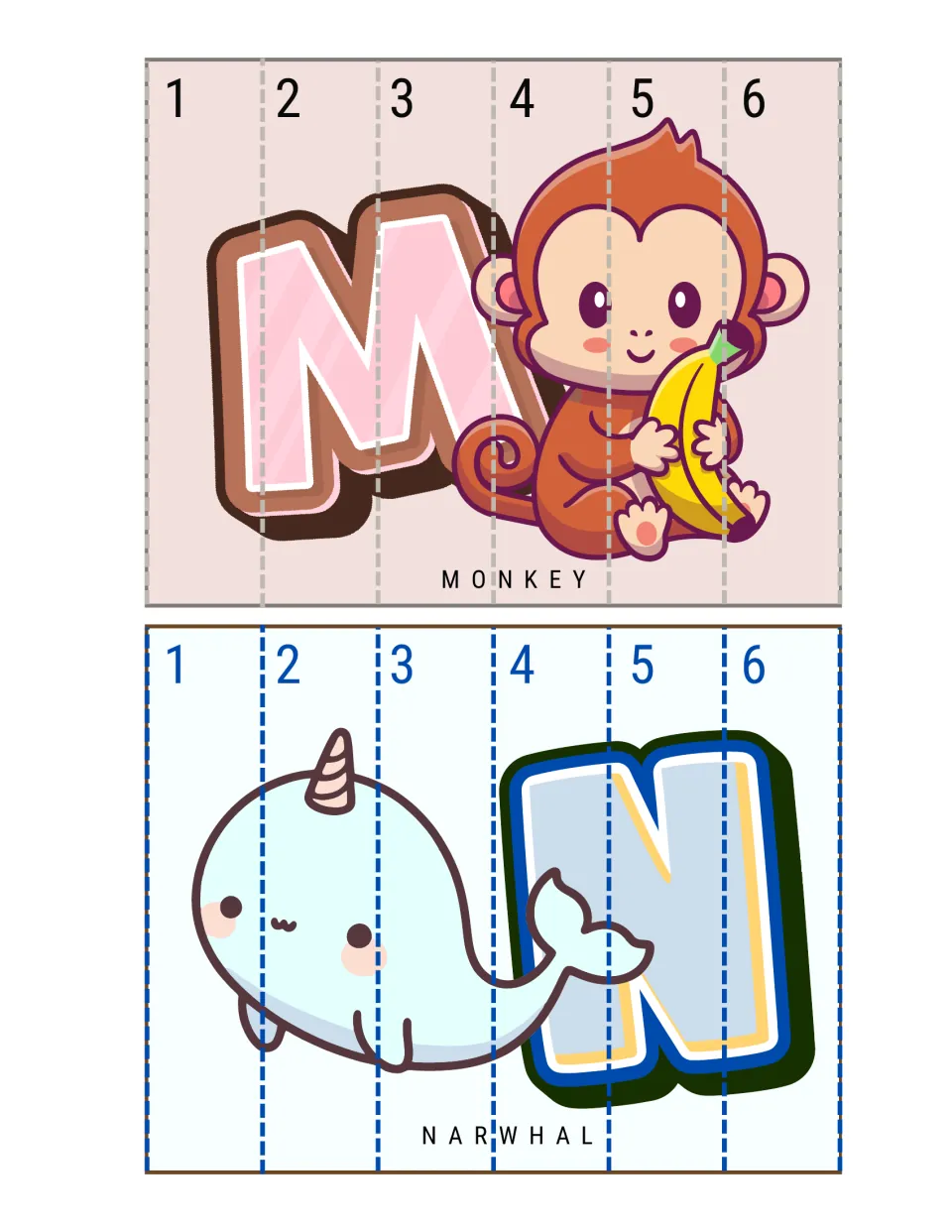 M for monkey and N for narwhal number-sequence puzzles: students cut six strips and order them 1 to 6 to finish each picture