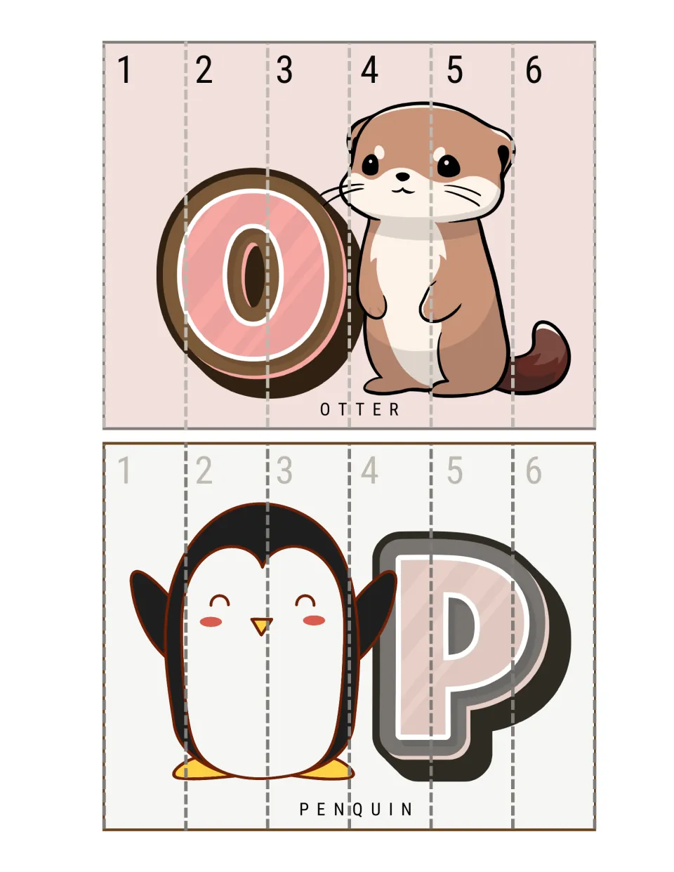 O for otter and P for penguin strip puzzles: learners cut six numbered strips and put them in 1 to 6 order to rebuild