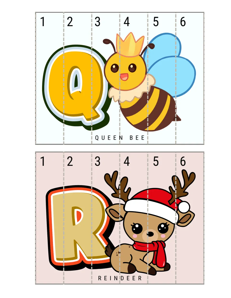 Q for queen bee and R for reindeer strip puzzles: children cut six numbered pieces and sequence them 1 to 6 to rebuild