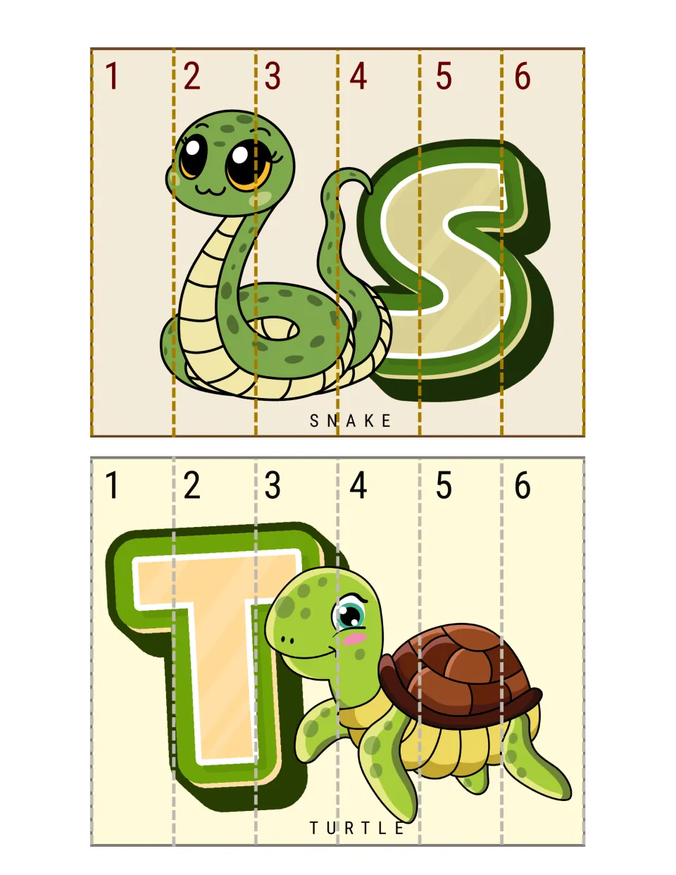 S for snake and T for turtle strip puzzles: students cut strips numbered 1 to 6 and order them to complete each animal