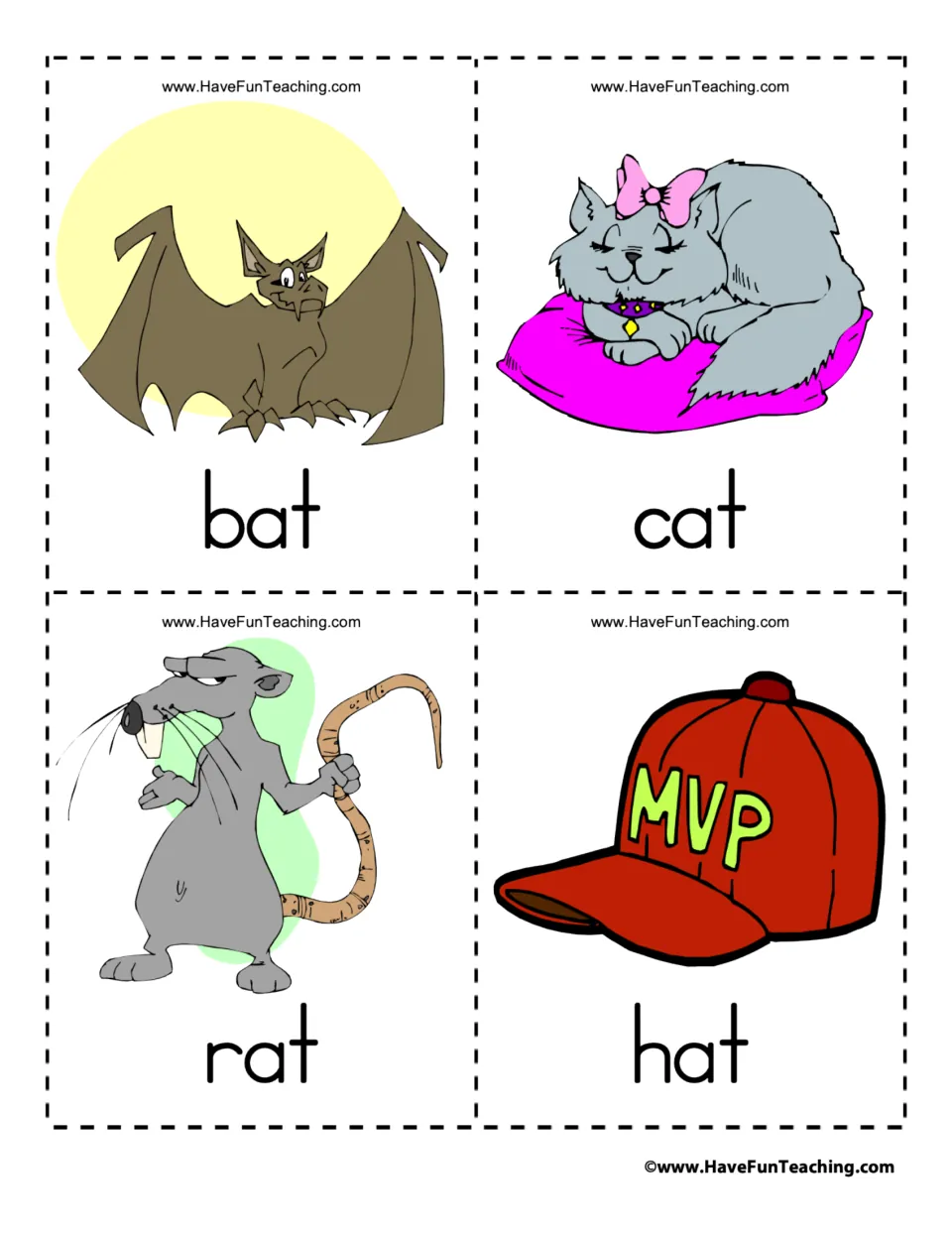 Vocabulary flashcards 1–4 of 39: bat, cat, rat, and hat, each paired with a matching illustration.