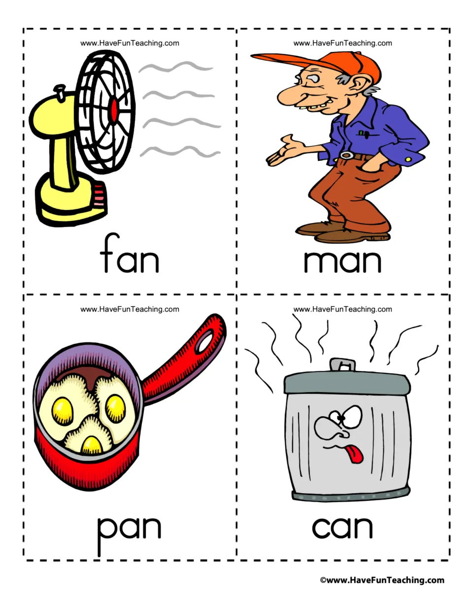 Vocabulary flashcards 5–8 of 39: fan, man, pan, and can, each paired with a matching illustration.