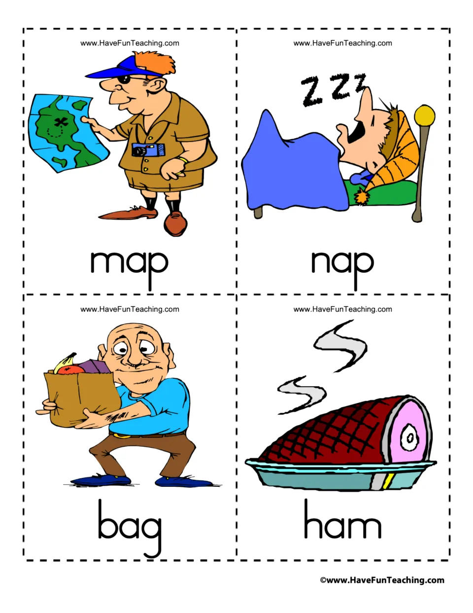 Vocabulary flashcards 9–12 of 39: map, nap, bag, and ham, each paired with a matching illustration.