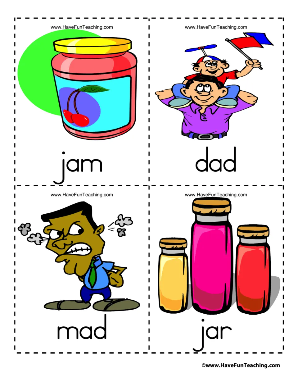 Vocabulary flashcards 13–16 of 39: jam, dad, mad, and jar, each paired with a matching illustration.