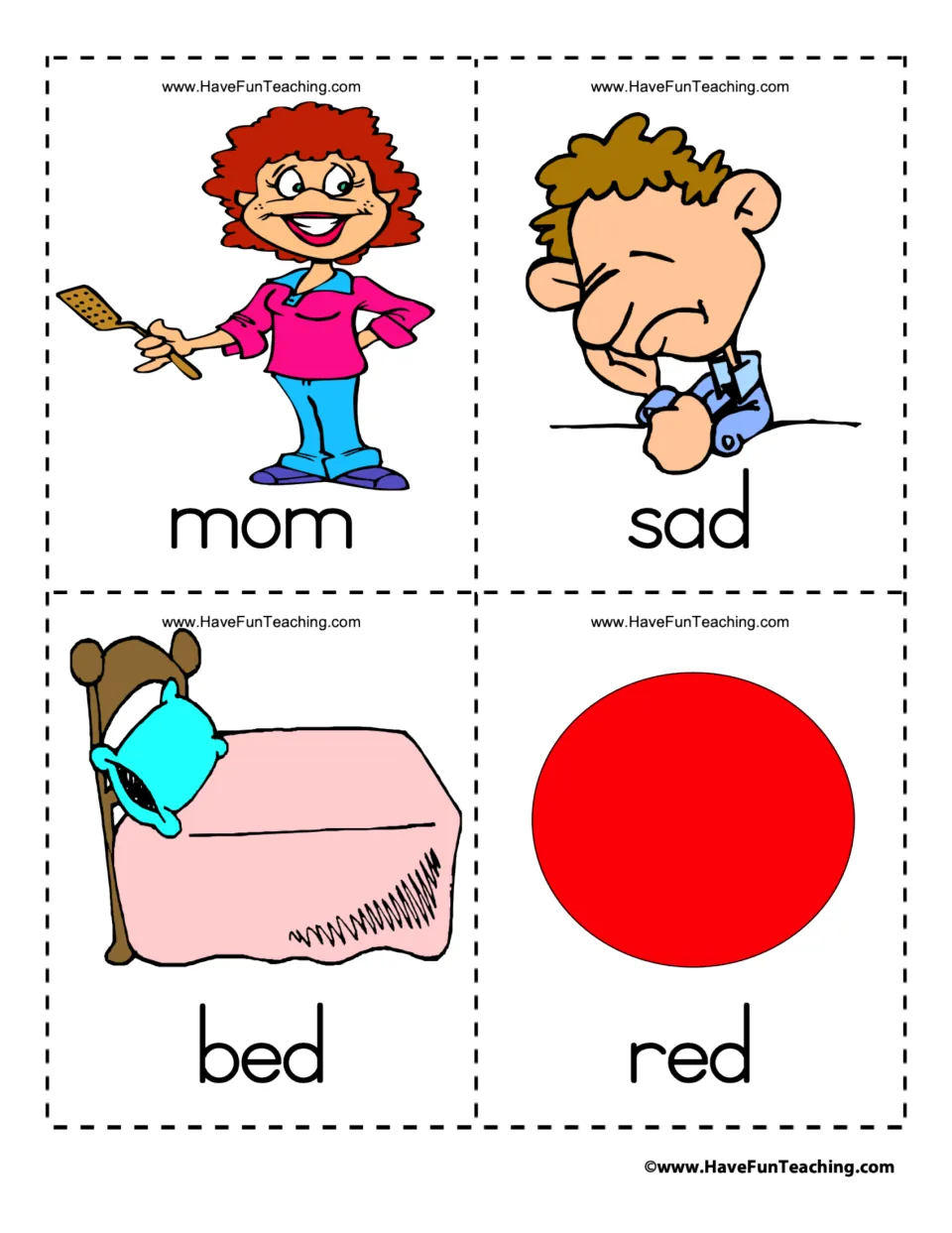 Vocabulary flashcards 17–20 of 39: mom, sad, bed, and red, each paired with a matching illustration.