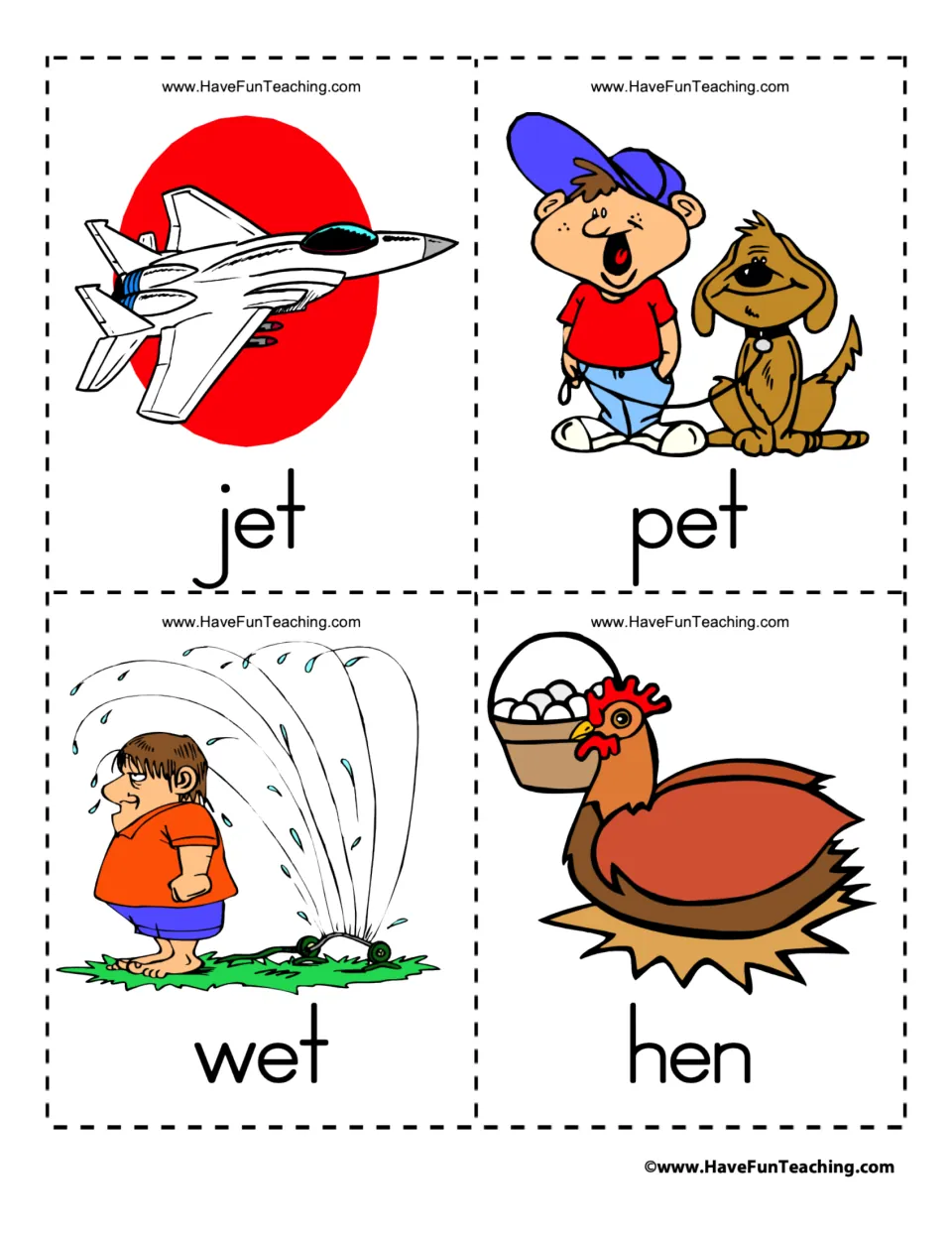Vocabulary flashcards 21–24 of 39: jet, pet, wet, and hen, each paired with a matching illustration.