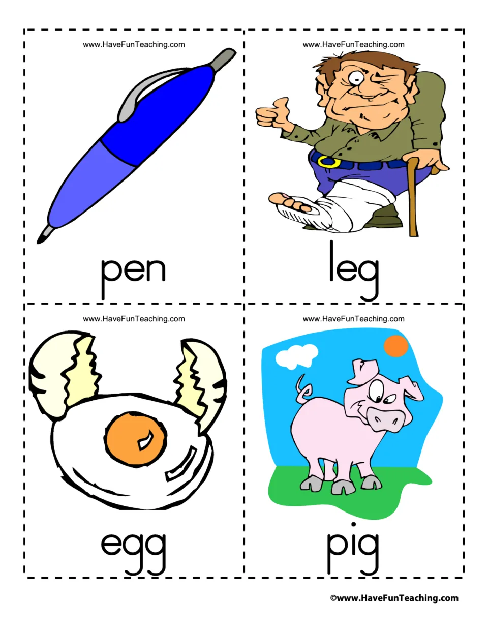 Vocabulary flashcards 25–28 of 39: pen, leg, egg, and pig, each paired with a matching illustration.