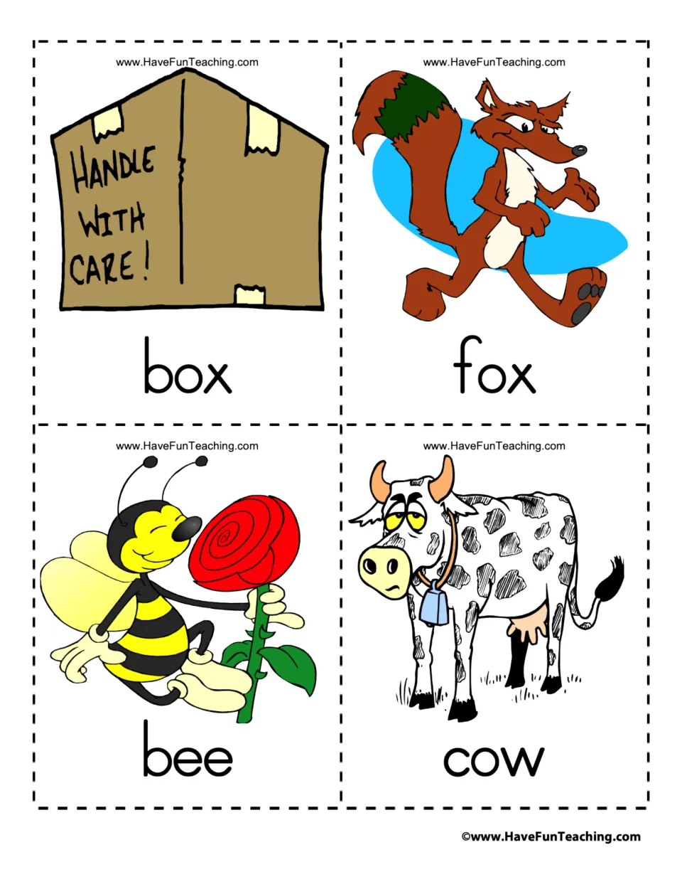 Vocabulary flashcards 29–32 of 39: box, fox, bee, and cow, each paired with a matching illustration.