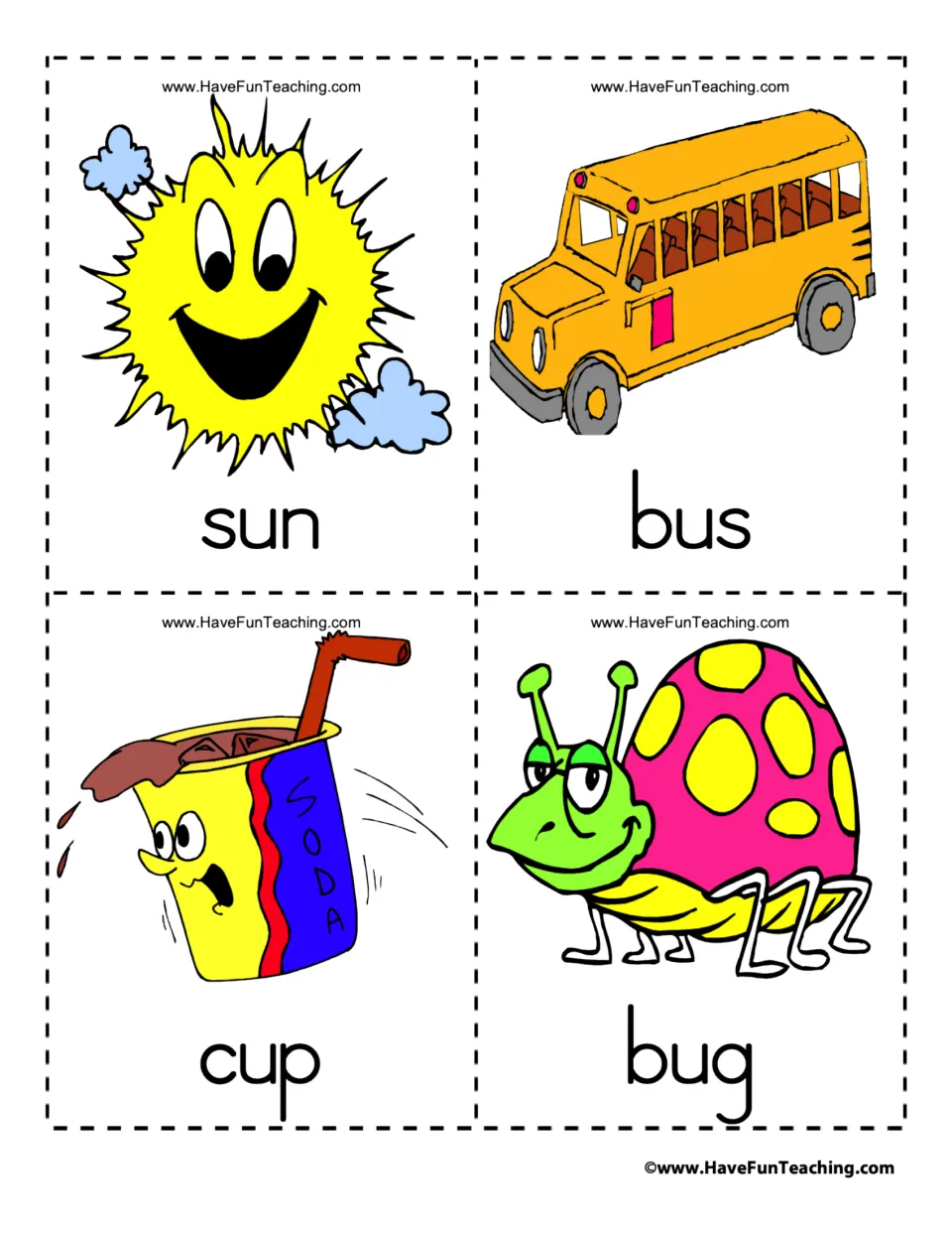 Vocabulary flashcards 33–36 of 39: sun, bus, cup, and bug, each paired with a matching illustration.