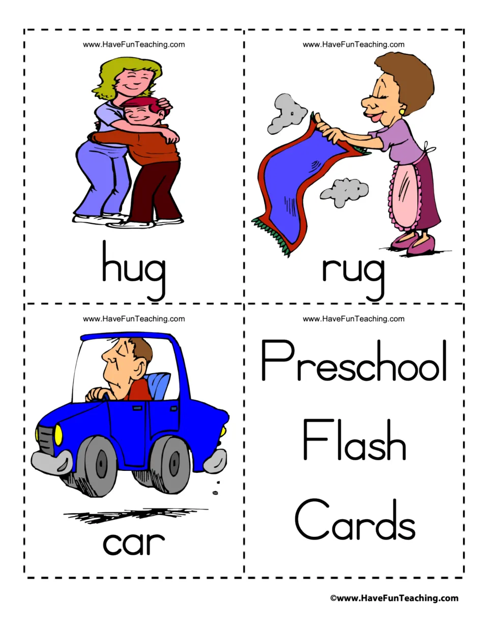 Vocabulary flashcards 37–39 of 39: hug, rug, and car, with pictures and a Preschool Flash Cards title panel.