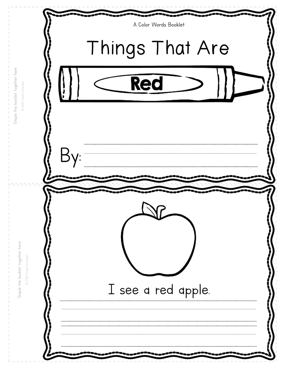 Things That Are Red booklet cover with a By: name space, plus a page reading I see a red apple to color and copy
