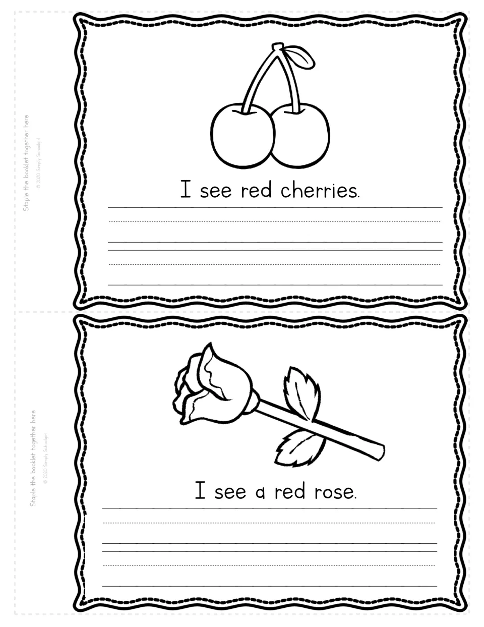 Red color word pages: students color cherries and a rose, read I see red cherries and I see a red rose, then copy each