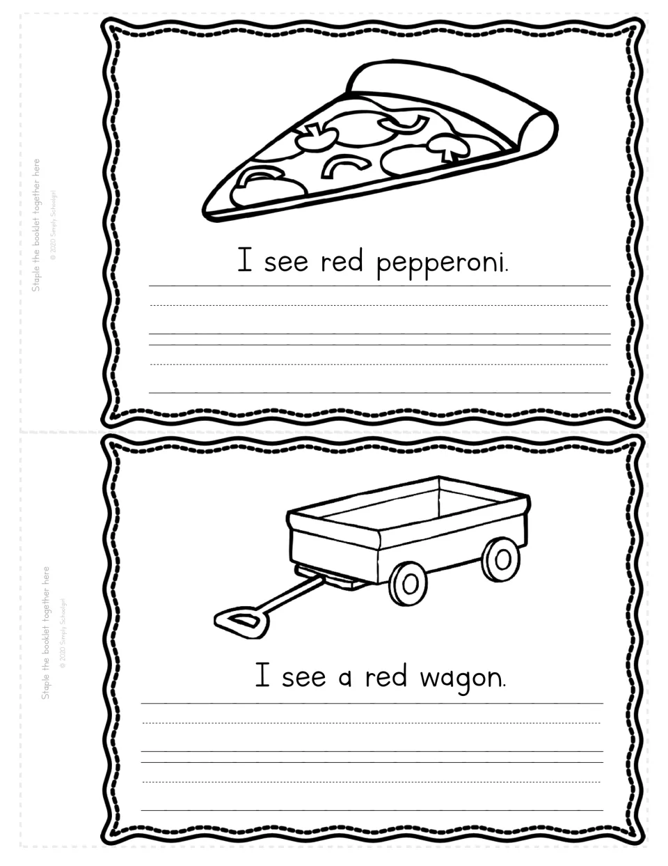 Red color word pages: students color a pepperoni pizza slice and a wagon, then read and copy the two red sentences