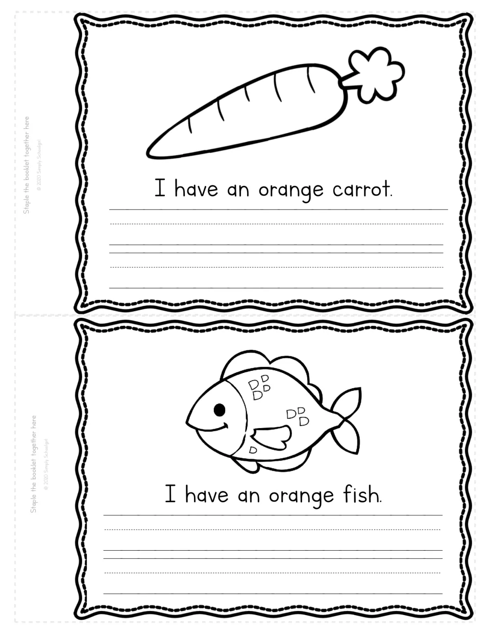 Orange color word pages: students color a carrot and a fish, read I have an orange carrot and orange fish, then copy each