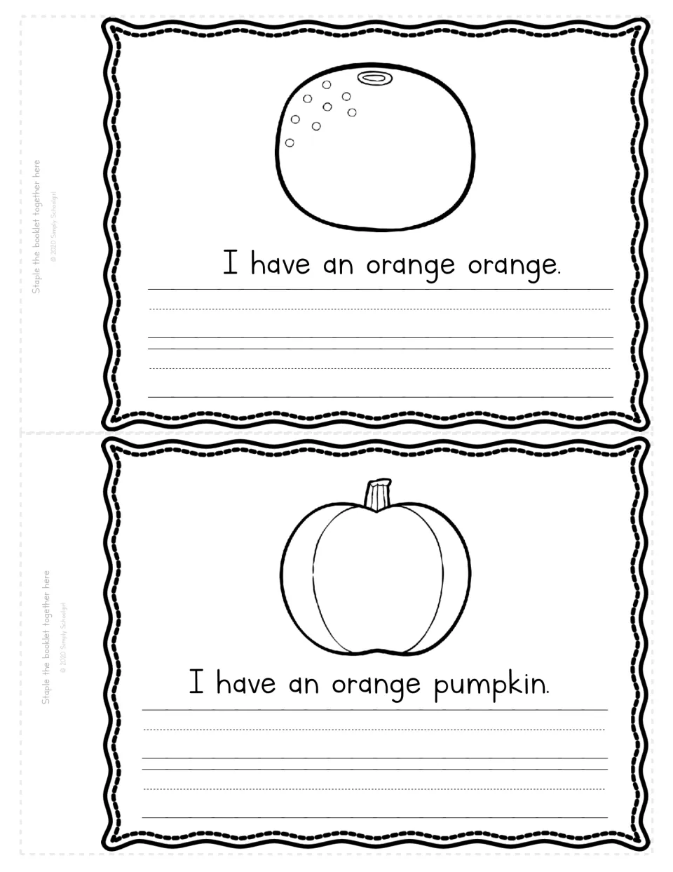 Orange color word pages: students color an orange and a pumpkin, read I have an orange orange and pumpkin, then copy each