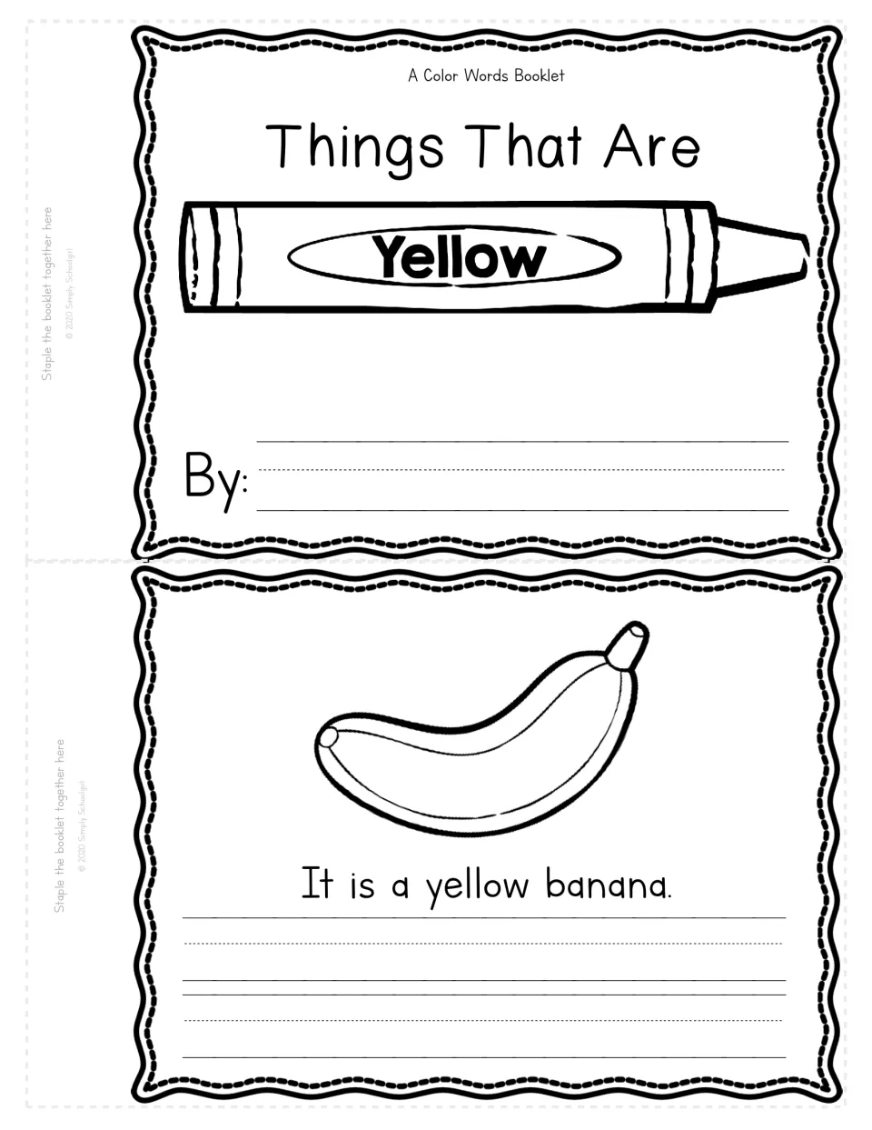 Things That Are Yellow booklet cover with a By: name space, plus a page reading It is a yellow banana to color and copy