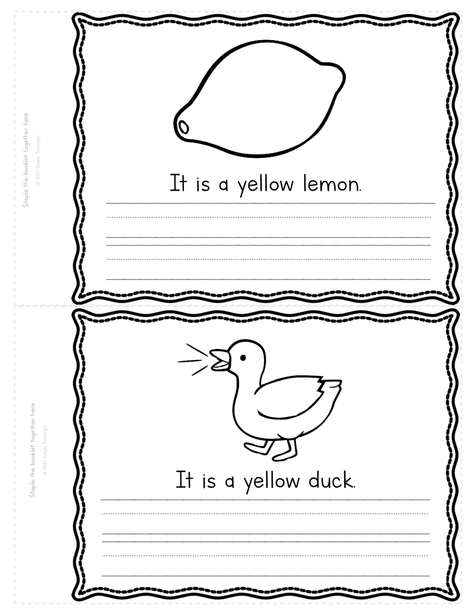 Yellow color word pages: students color a lemon and a duck, read It is a yellow lemon and It is a yellow duck, then copy