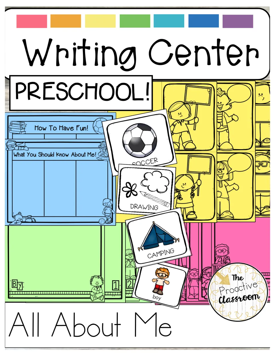 All About Me writing center cover showing picture word cards, How To Have Fun and About Me pages and a book template