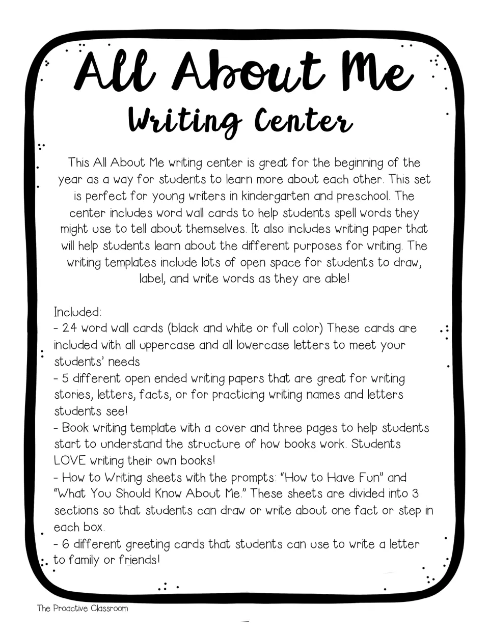 All About Me overview listing 24 word wall cards, 5 writing papers, a book template, How To sheets and 6 greeting cards