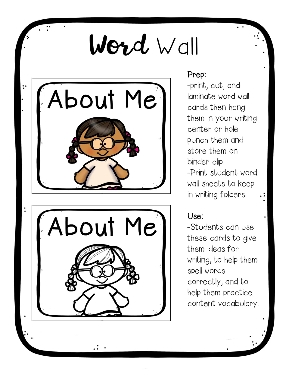 Word wall header: two About Me title cards, one in color and one in black and white, beside prep and use directions