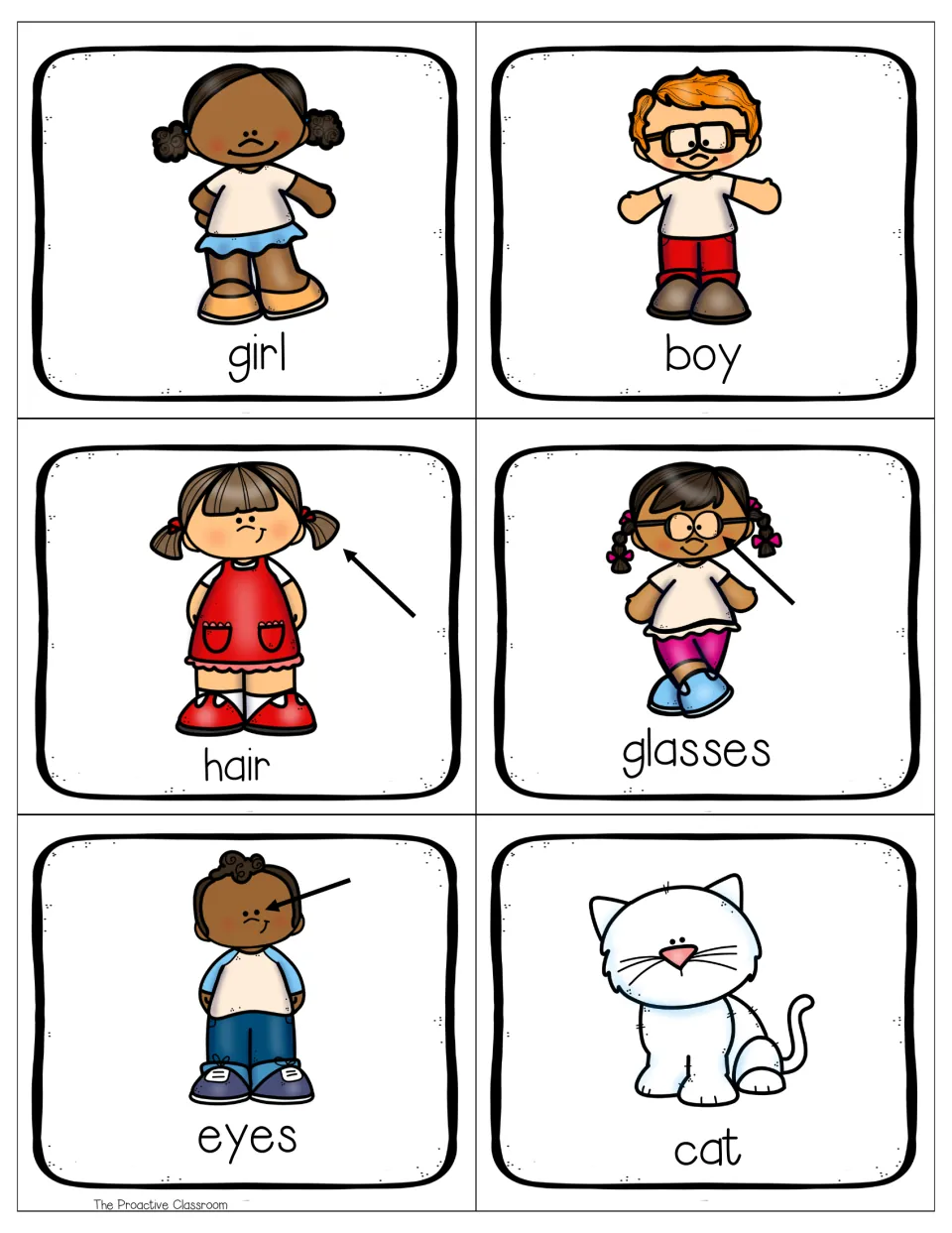 Color picture word cards for girl, boy, hair, glasses, eyes and cat that students use to spell words describing themselves