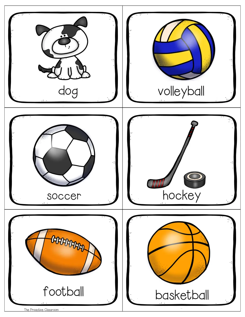 Sports and pet vocabulary in color: dog, volleyball, soccer, hockey, football and basketball cards with matching pictures