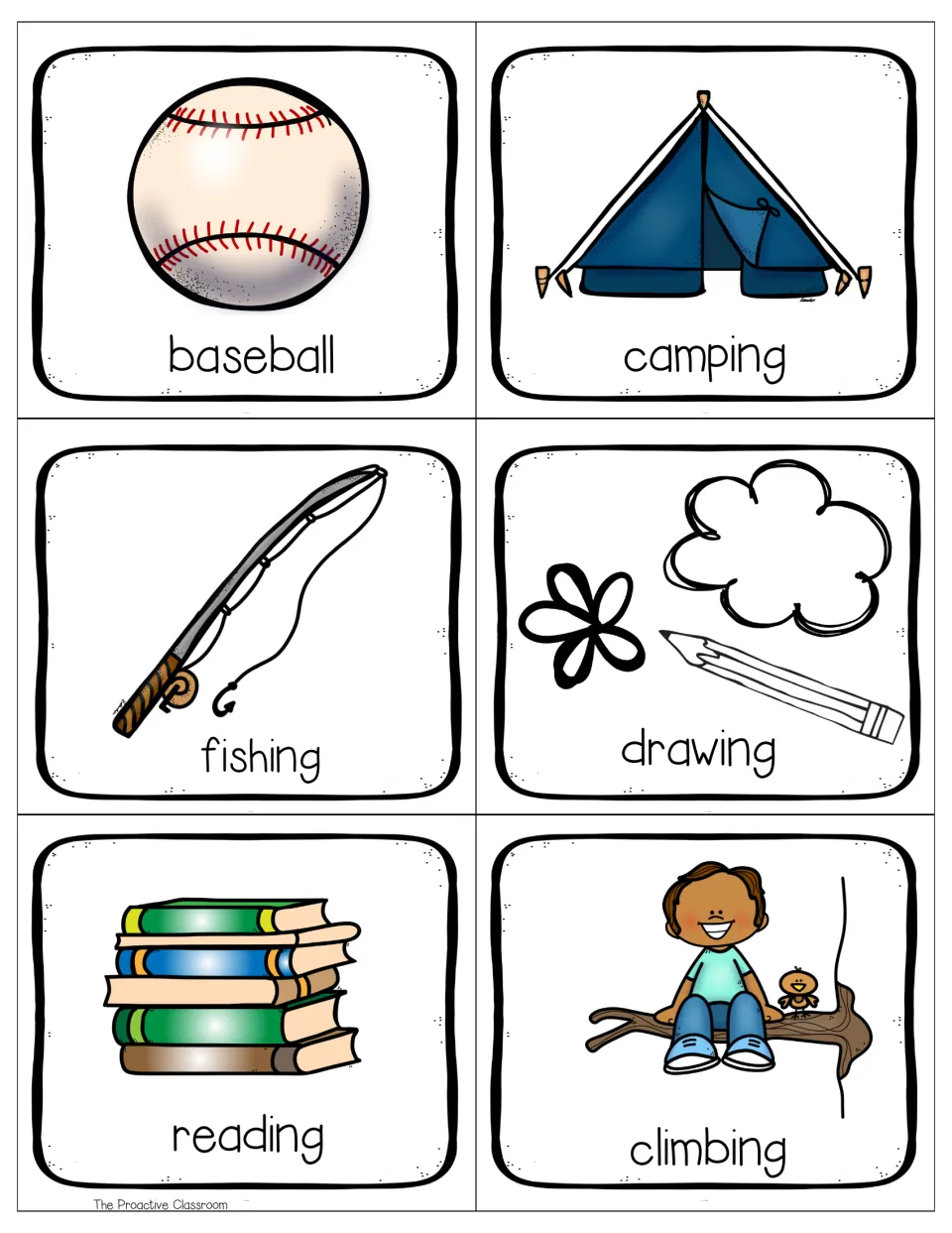 Hobby picture cards in color for baseball, camping, fishing, drawing, reading and climbing to spark ideas for writing