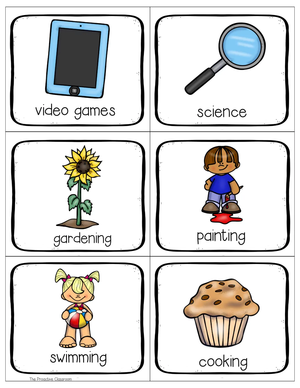 Interests vocabulary in color: video games, science, gardening, painting, swimming and cooking cards with labeled pictures