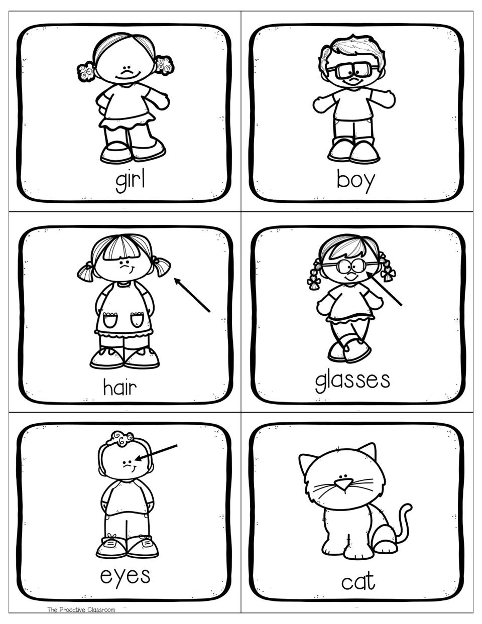 Black-and-white versions of the girl, boy, hair, glasses, eyes and cat cards, with arrows marking hair, glasses and eyes