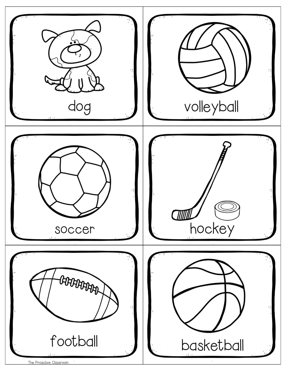 Printer-friendly line art cards for dog, volleyball, soccer, hockey, football and basketball with each word printed below