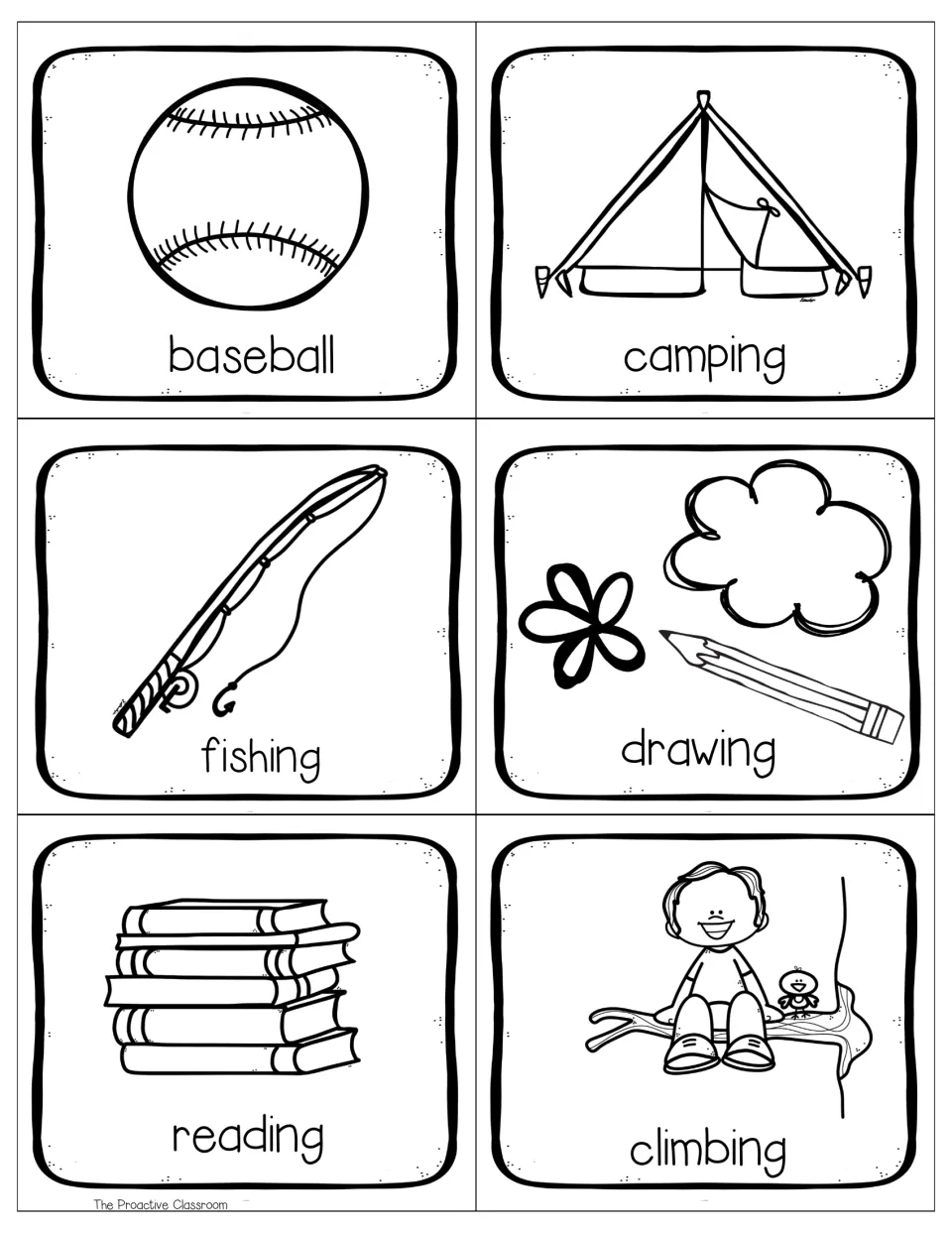 Outline hobby cards in black and white for baseball, camping, fishing, drawing, reading and climbing, each with its word
