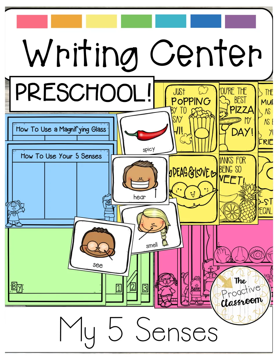 Cover for a preschool 5 senses writing center showing word cards, how-to sheets, book pages and food greeting cards